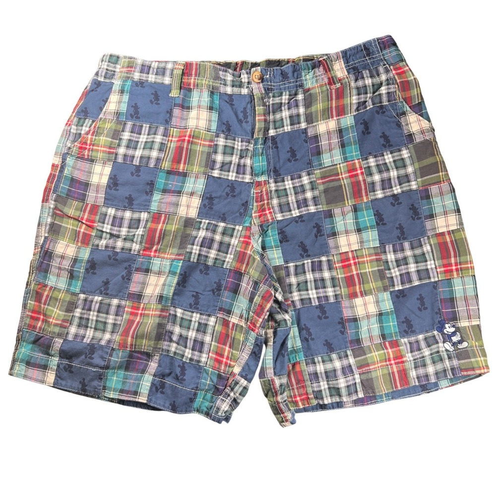 Walt Disney World Patchwork Shorts Mens 42 Blue Plaid Mickey Mouse Madras Cotton